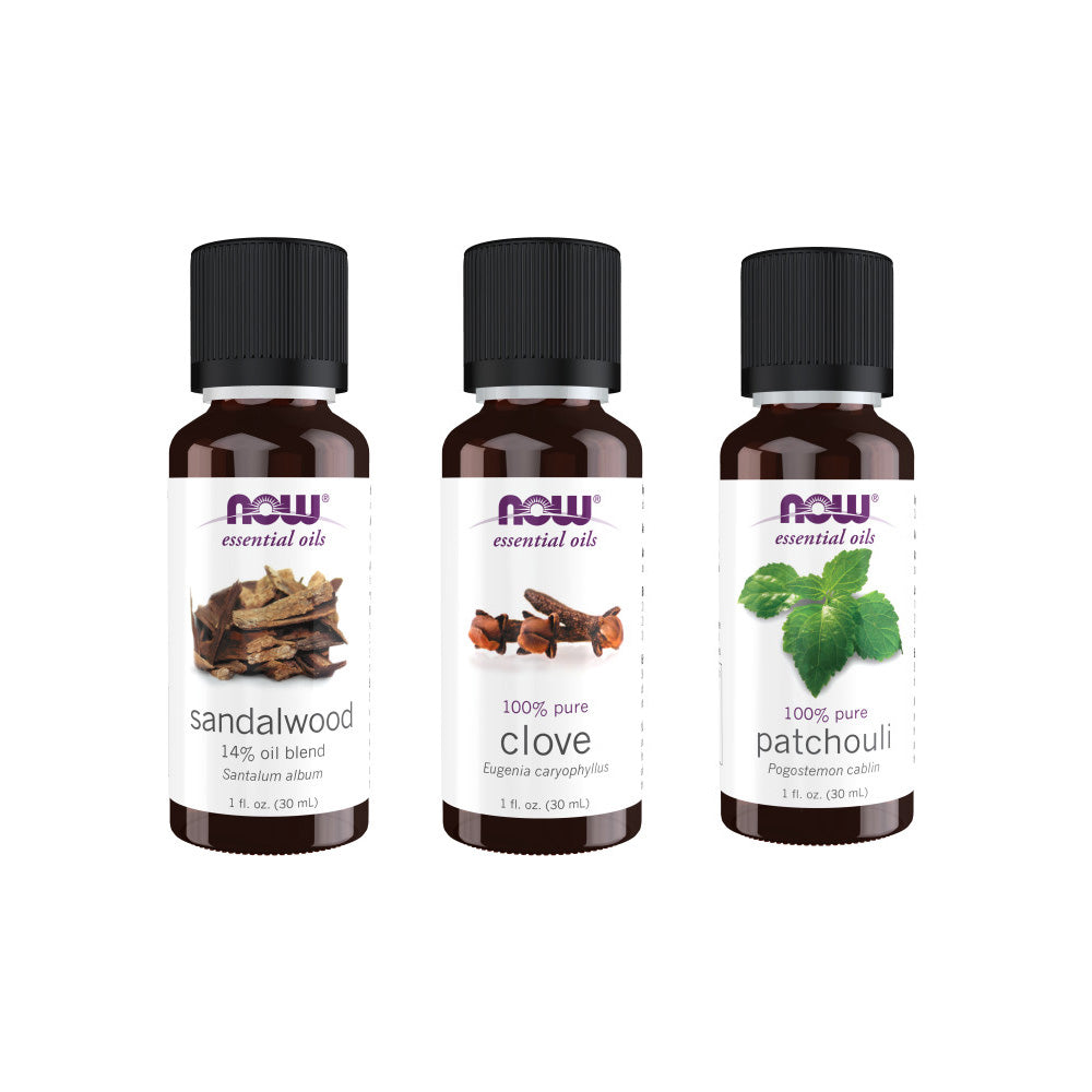 Now Essential Oils, 3 Variety of 30ml: "Me Time" Meditation - Sandalwood, Clove Oil, Patchouli Oil