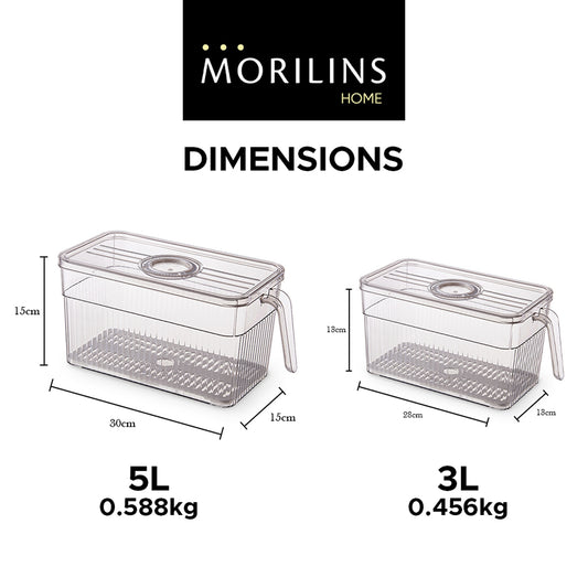 [Morilins Home] Designer Fridge Produce Organizer - BPA-Free, with Handle & Date Cover, Includes a Unique Condensation Tray for Fresh Produce Storage