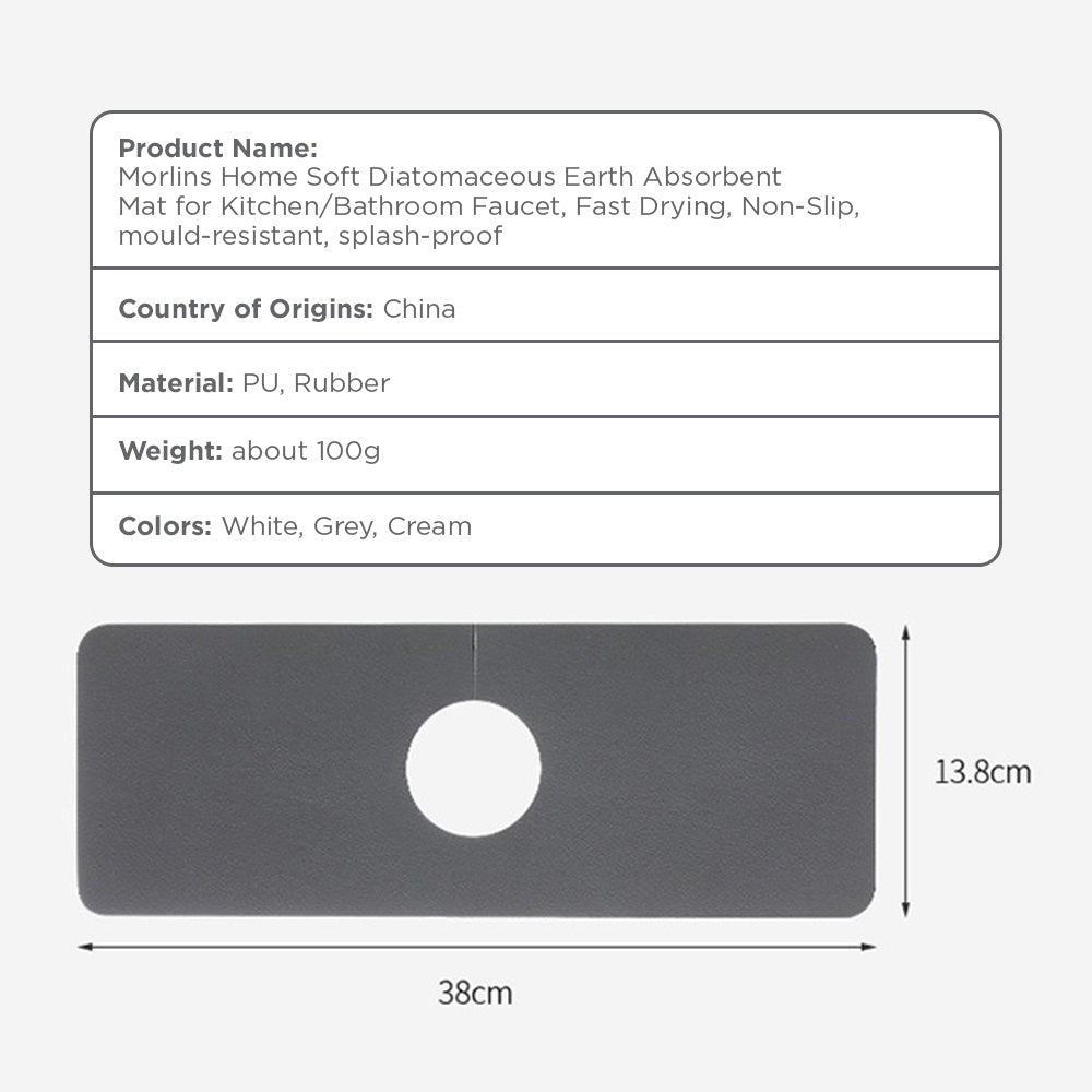 [Morilins Home] Soft Diatomaceous Earth Absorbent Mat for Kitchen/Bathroom Faucet, Fast Drying, Non-Slip, mould-resistant, splash-proof, 38x14cm
