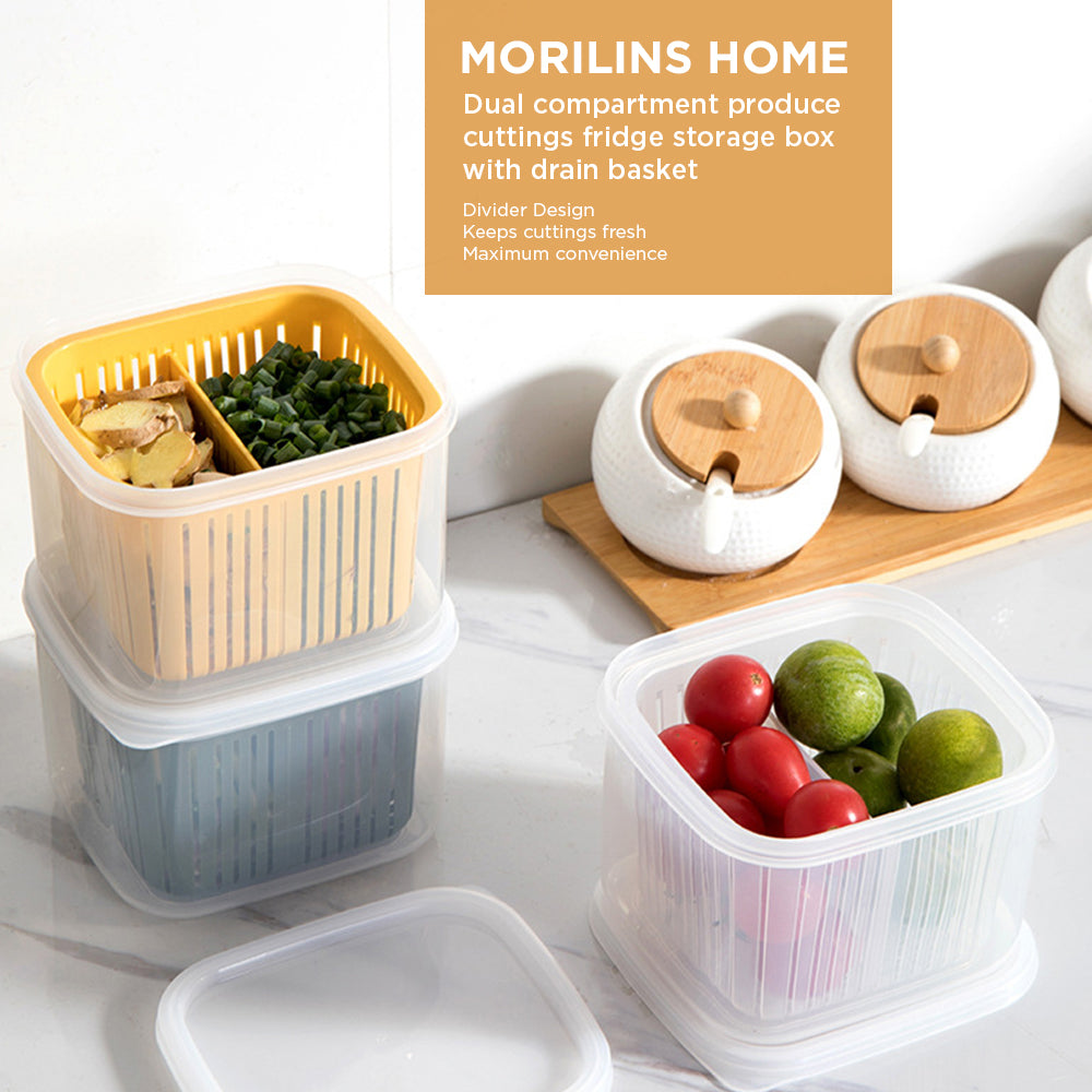 [Morilins Home] Set-of-2 Dual Compartment Cut Produce Fridge Storage - BPA-Free, With Draining Basket, and a great Space-Saver in Chic Minimalist