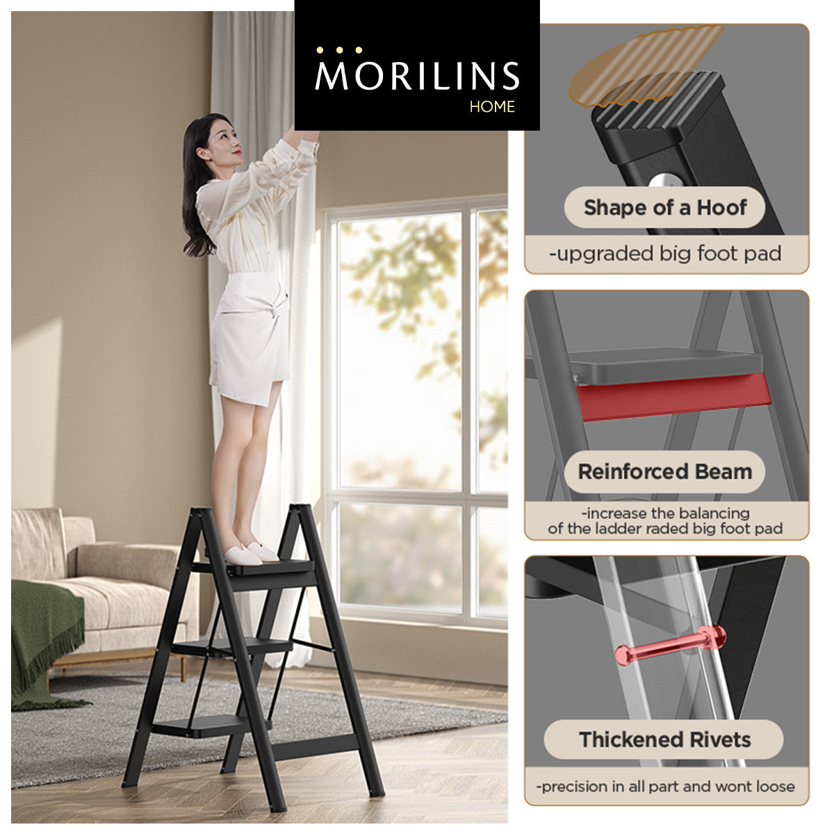 [Morilins Home] Modern Minimalist Ultra-Thin 3-Step / 4-Step Lightweight Folding Ladder - Wide Anti-Slip Steps, Multi-Functional, Ideal for Home & Office (Supports up to 150kg)