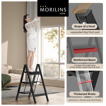 [Morilins Home] Modern Minimalist Ultra-Thin 3-Step / 4-Step Lightweight Folding Ladder - Wide Anti-Slip Steps, Multi-Functional, Ideal for Home & Office (Supports up to 150kg)