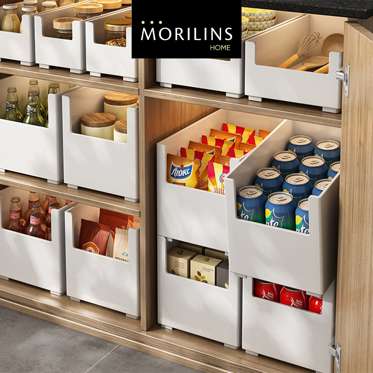 [Morilins Home] White Japanese-Style Modular Stackable Storage Box with Label Holder - Clean & Tidy Look with Easy Access for Sundries, Snacks, Kitchenware & Cosmetics