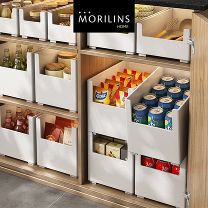 [Morilins Home] White Japanese-Style Modular Stackable Storage Box with Label Holder - Clean & Tidy Look with Easy Access for Sundries, Snacks, Kitchenware & Cosmetics