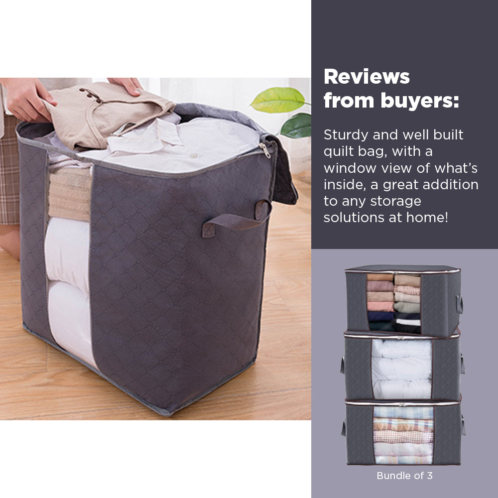 [Morilins Home] Set-of-3 Collapsible Foldable Garment Storage Organizer - Window, Reinforced Handle, and Durable Design for Heavy Loads - Space Grey