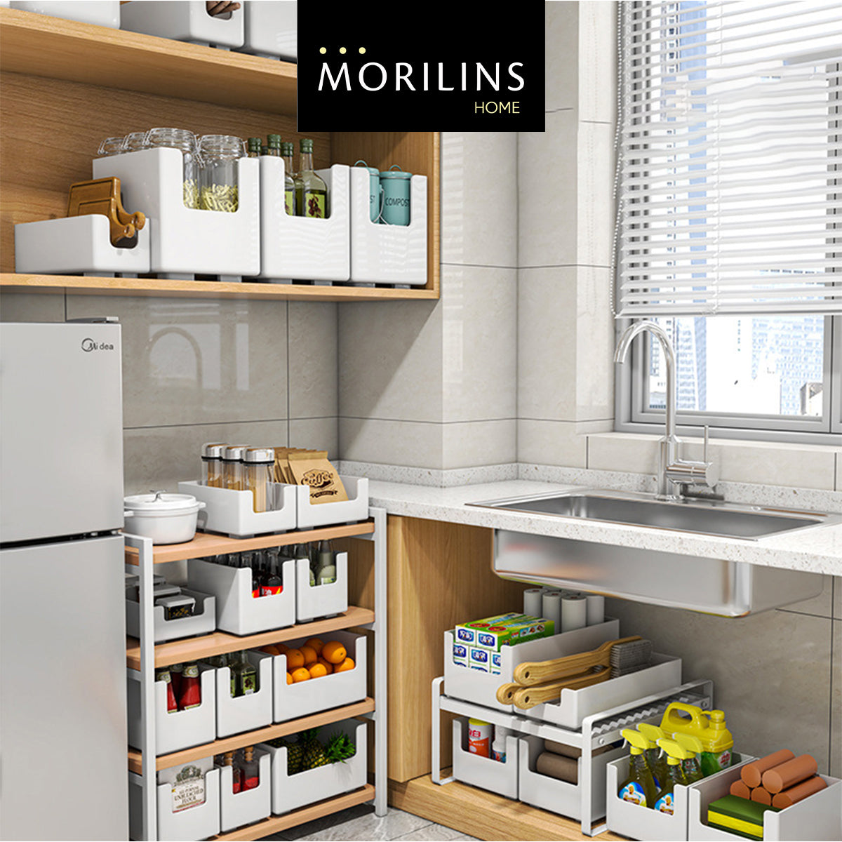[Morilins Home] White Japanese-Style Modular Stackable Storage Box with Label Holder - Clean & Tidy Look with Easy Access for Sundries, Snacks, Kitchenware & Cosmetics