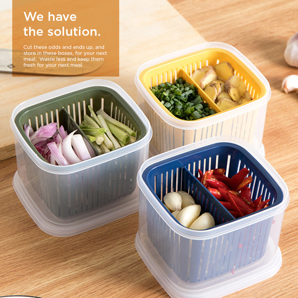 [Morilins Home] Set-of-2 Dual Compartment Cut Produce Fridge Storage - BPA-Free, With Draining Basket, and a great Space-Saver in Chic Minimalist
