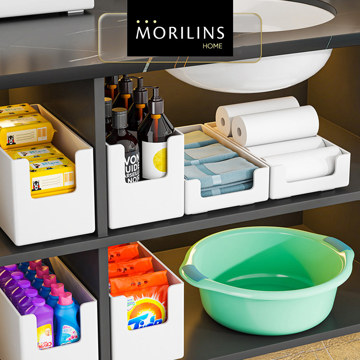 [Morilins Home] White Japanese-Style Modular Stackable Storage Box with Label Holder - Clean & Tidy Look with Easy Access for Sundries, Snacks, Kitchenware & Cosmetics