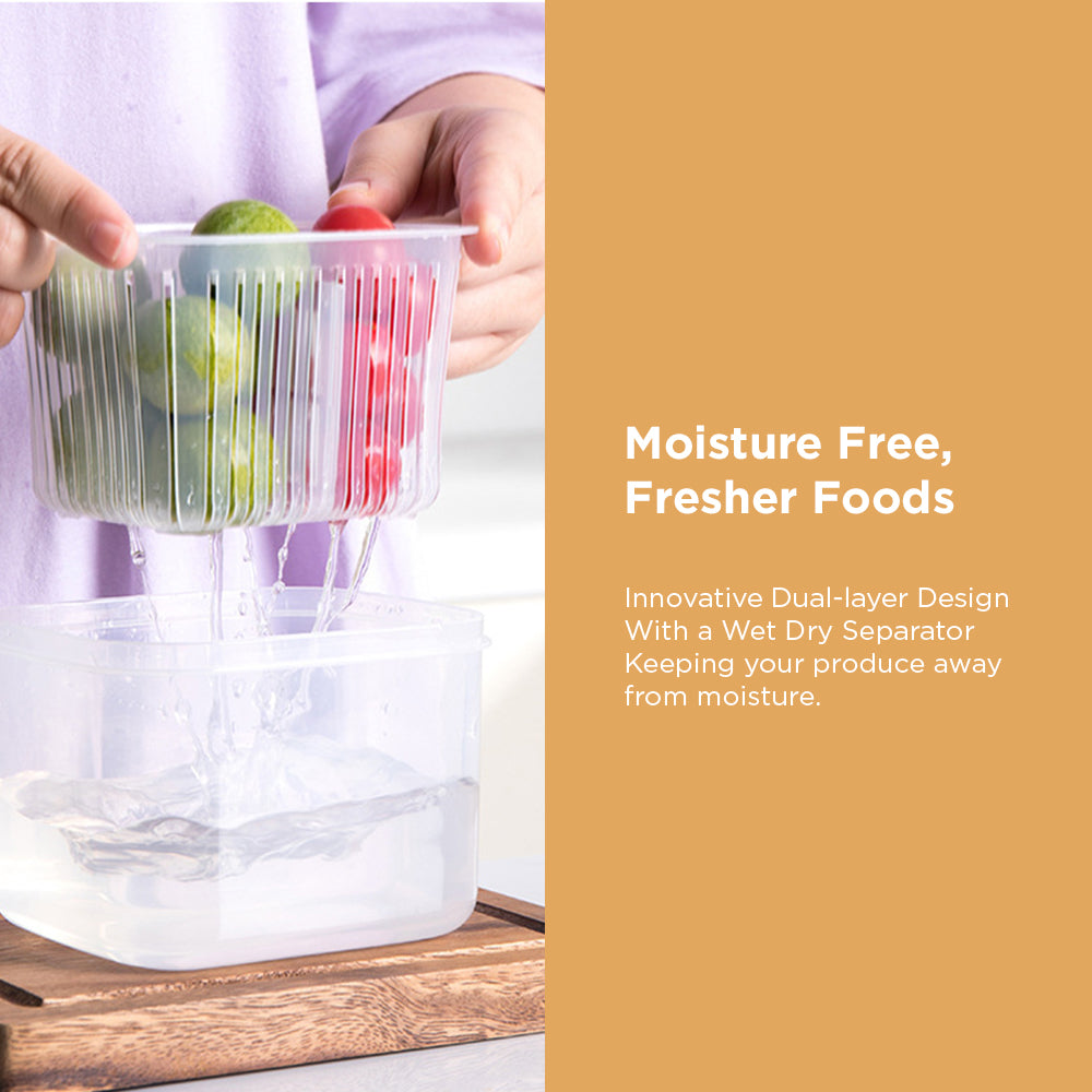 [Morilins Home] Set-of-2 Dual Compartment Cut Produce Fridge Storage - BPA-Free, With Draining Basket, and a great Space-Saver in Chic Minimalist