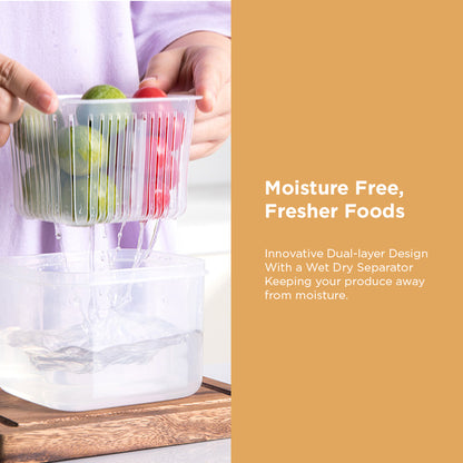 [Morilins Home] Set-of-2 Dual Compartment Cut Produce Fridge Storage - BPA-Free, With Draining Basket, and a great Space-Saver in Chic Minimalist