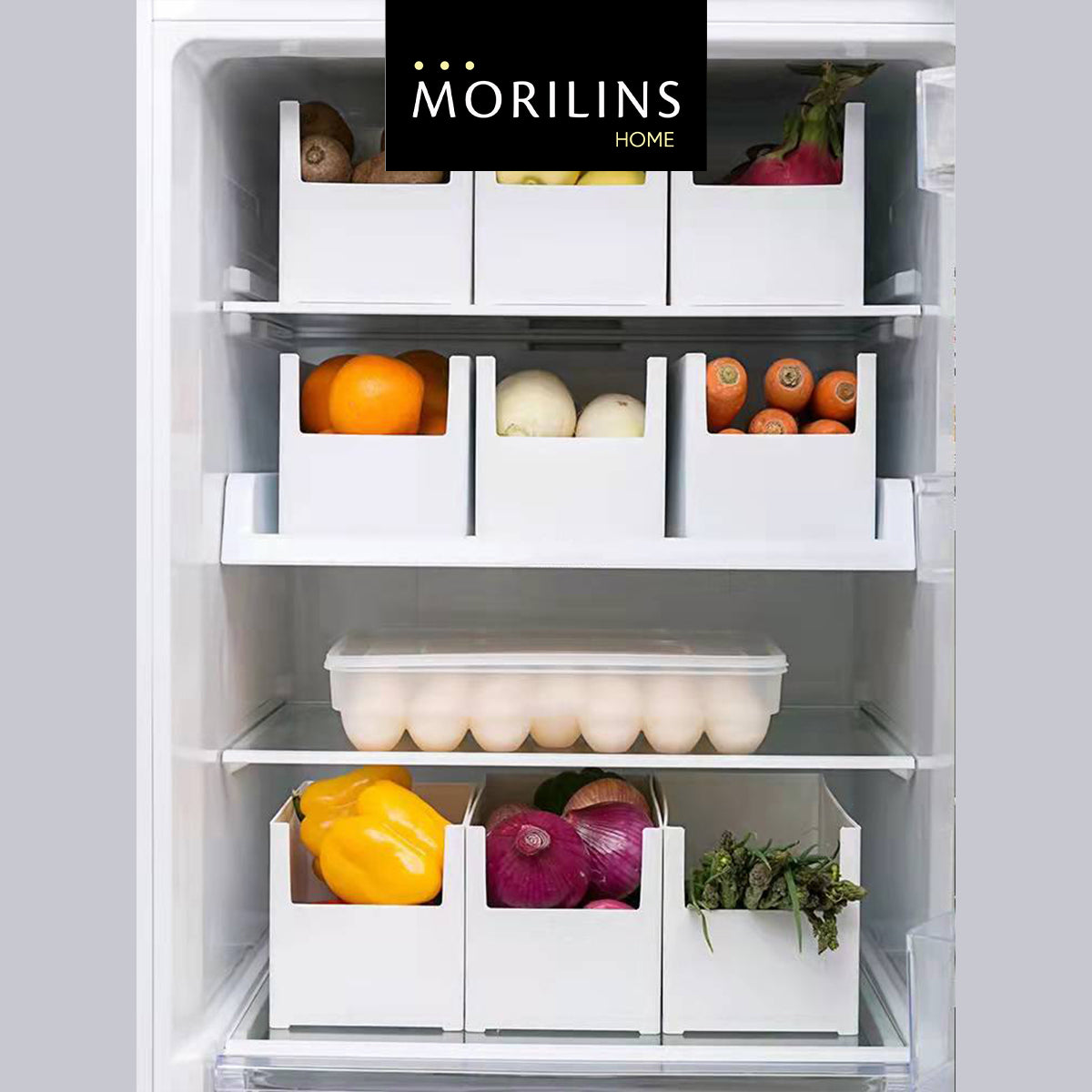 [Morilins Home] White Japanese-Style Modular Stackable Storage Box with Label Holder - Clean & Tidy Look with Easy Access for Sundries, Snacks, Kitchenware & Cosmetics