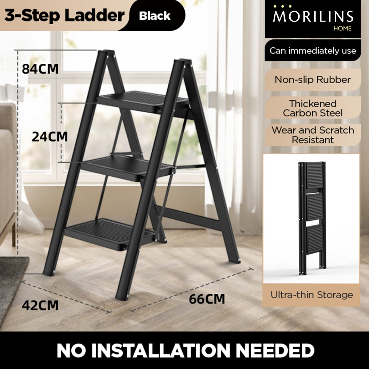 [Morilins Home] Modern Minimalist Ultra-Thin 3-Step / 4-Step Lightweight Folding Ladder - Wide Anti-Slip Steps, Multi-Functional, Ideal for Home & Office (Supports up to 150kg)