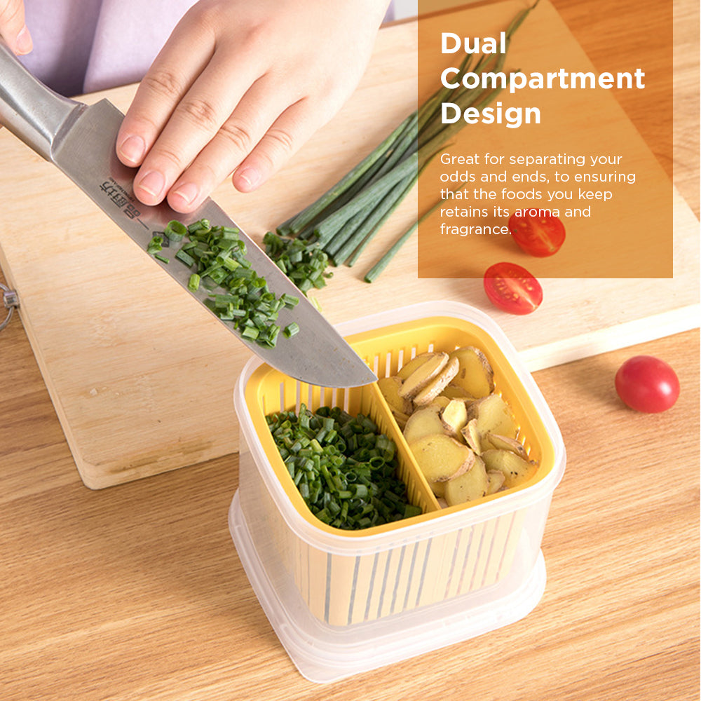 [Morilins Home] Set-of-2 Dual Compartment Cut Produce Fridge Storage - BPA-Free, With Draining Basket, and a great Space-Saver in Chic Minimalist