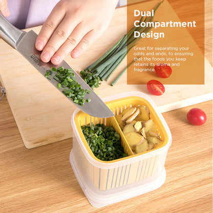 [Morilins Home] Set-of-2 Dual Compartment Cut Produce Fridge Storage - BPA-Free, With Draining Basket, and a great Space-Saver in Chic Minimalist