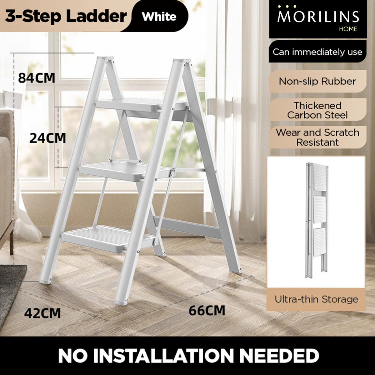 [Morilins Home] Modern Minimalist Ultra-Thin 3-Step / 4-Step Lightweight Folding Ladder - Wide Anti-Slip Steps, Multi-Functional, Ideal for Home & Office (Supports up to 150kg)