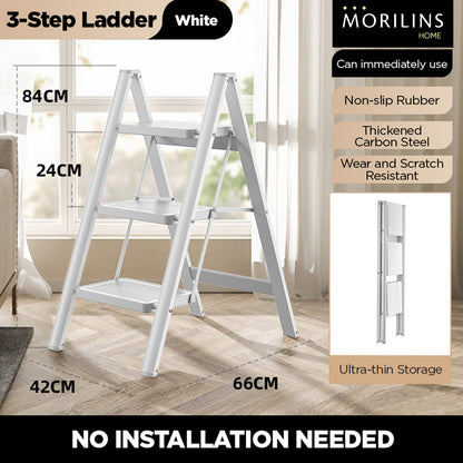 [Morilins Home] Modern Minimalist Ultra-Thin 3-Step / 4-Step Lightweight Folding Ladder - Wide Anti-Slip Steps, Multi-Functional, Ideal for Home & Office (Supports up to 150kg)