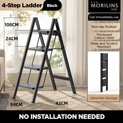 [Morilins Home] Modern Minimalist Ultra-Thin 3-Step / 4-Step Lightweight Folding Ladder - Wide Anti-Slip Steps, Multi-Functional, Ideal for Home & Office (Supports up to 150kg)