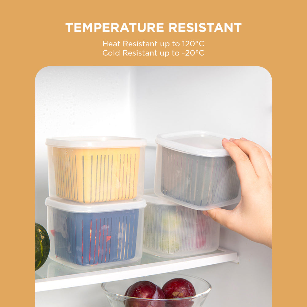 [Morilins Home] Set-of-2 Dual Compartment Cut Produce Fridge Storage - BPA-Free, With Draining Basket, and a great Space-Saver in Chic Minimalist