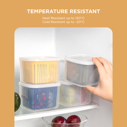 [Morilins Home] Set-of-2 Dual Compartment Cut Produce Fridge Storage - BPA-Free, With Draining Basket, and a great Space-Saver in Chic Minimalist