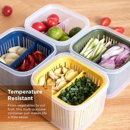 [Morilins Home] Set-of-2 Dual Compartment Cut Produce Fridge Storage - BPA-Free, With Draining Basket, and a great Space-Saver in Chic Minimalist