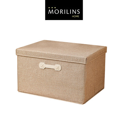 [Morilins Home] Collapsible Storage Organization Box - Rigid Linen Fabric Storage with Cover & Leather Handle - Perfect for Space-Saving Storage Solutions