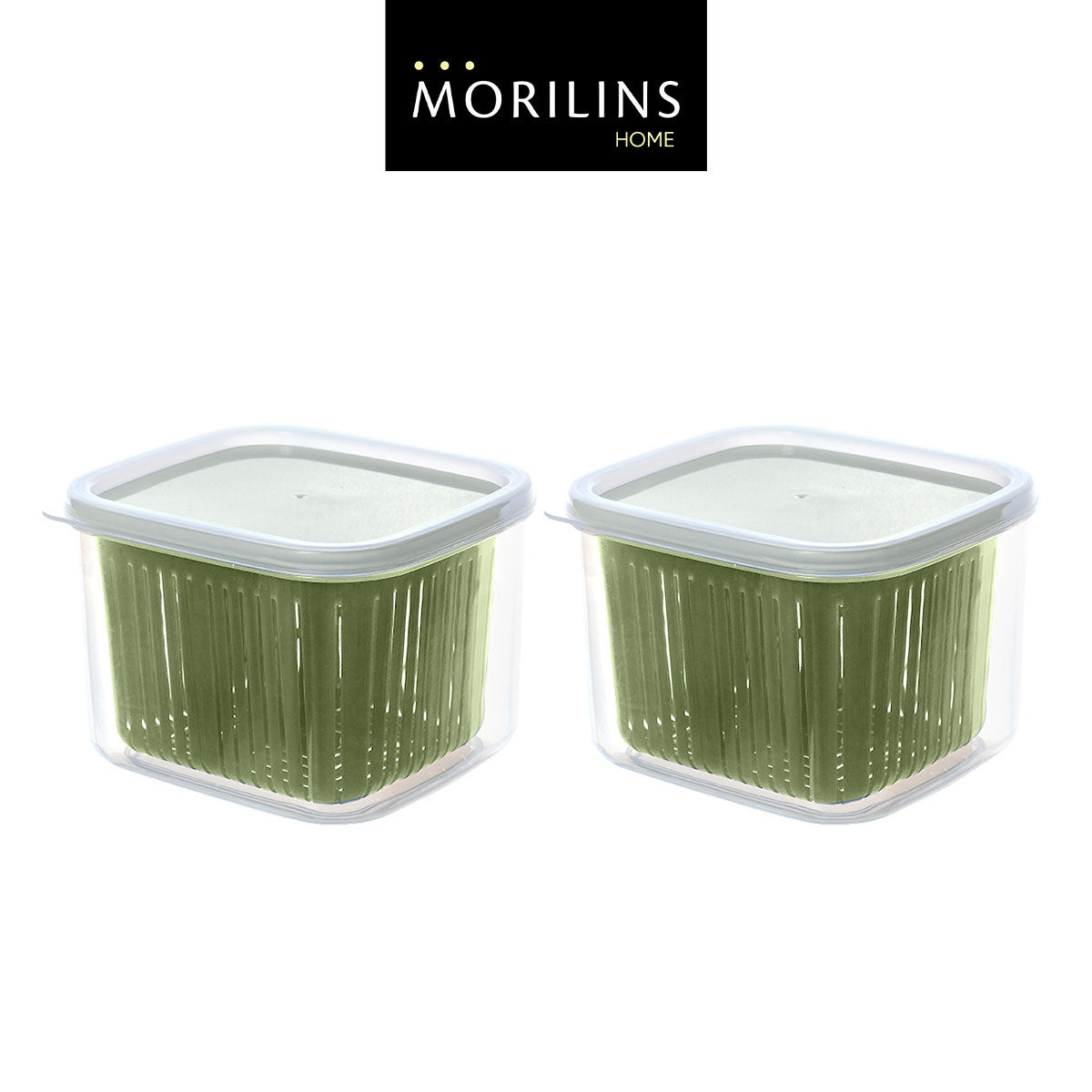 [Morilins Home] Set-of-2 Dual Compartment Cut Produce Fridge Storage - BPA-Free, With Draining Basket, and a great Space-Saver in Chic Minimalist