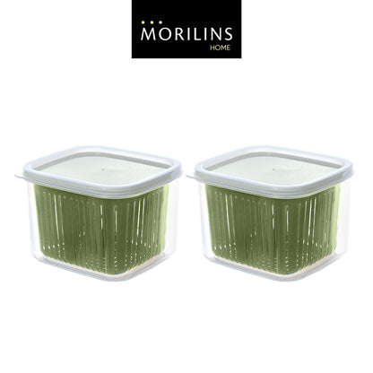 [Morilins Home] Set-of-2 Dual Compartment Cut Produce Fridge Storage - BPA-Free, With Draining Basket, and a great Space-Saver in Chic Minimalist