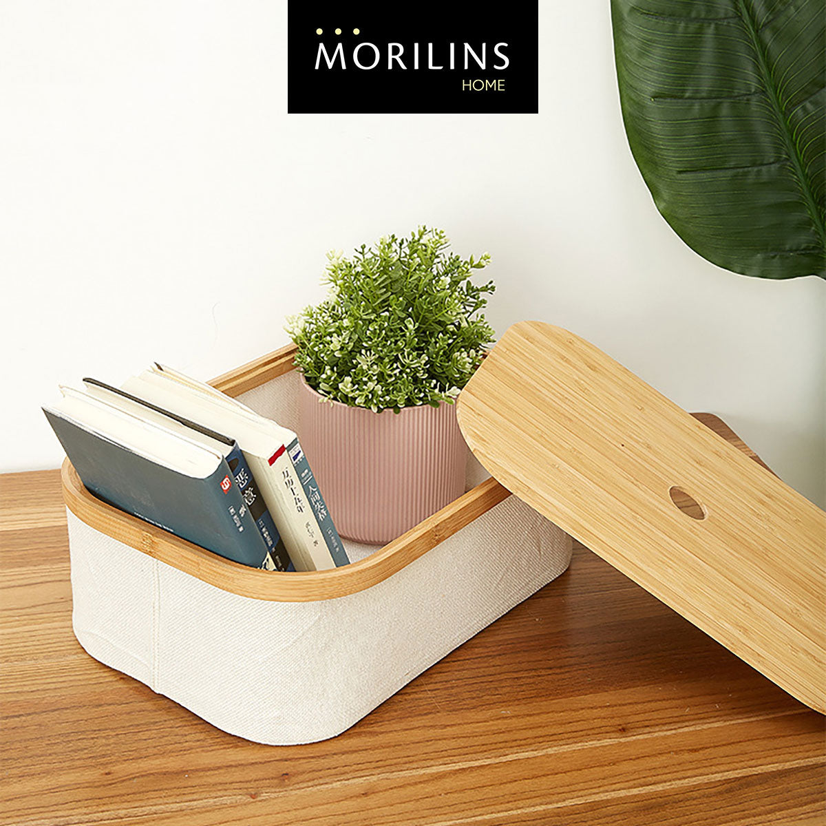 [Morilins Home] Japan-Inspired Multi-Function Tweed Fabric Storage with Real Bamboo Wood Lid - Perfect for Home, Office, & Bathroom Organization