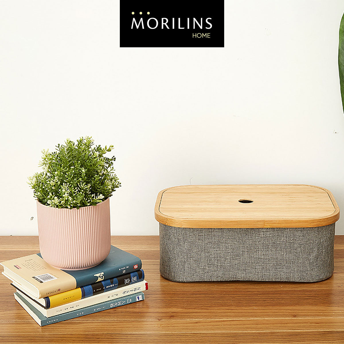 [Morilins Home] Japan-Inspired Multi-Function Tweed Fabric Storage with Real Bamboo Wood Lid - Perfect for Home, Office, & Bathroom Organization