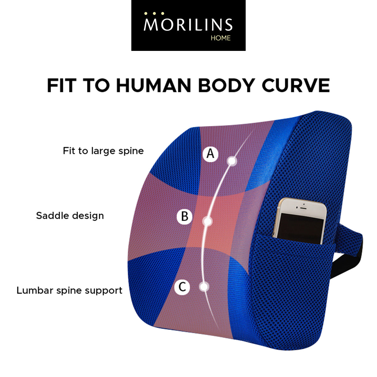 [Morilins Home] Memory Foam Lumbar Comfort Support - Breathable Mesh Pillow for Office Chair, Car Seat, or Sofa Use with Convenient Phone Pocket
