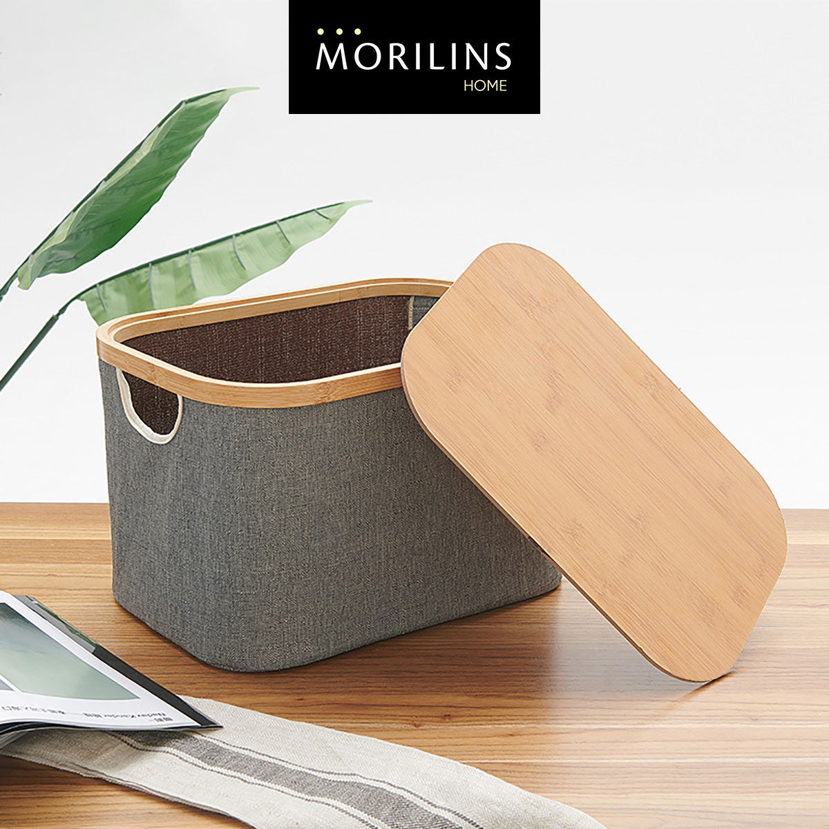[Morilins Home] Japan-Inspired Multi-Function Tweed Fabric Storage with Real Bamboo Wood Lid - Perfect for Home, Office, & Bathroom Organization