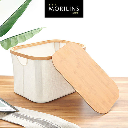 [Morilins Home] Japan-Inspired Multi-Function Tweed Fabric Storage with Real Bamboo Wood Lid - Perfect for Home, Office, & Bathroom Organization