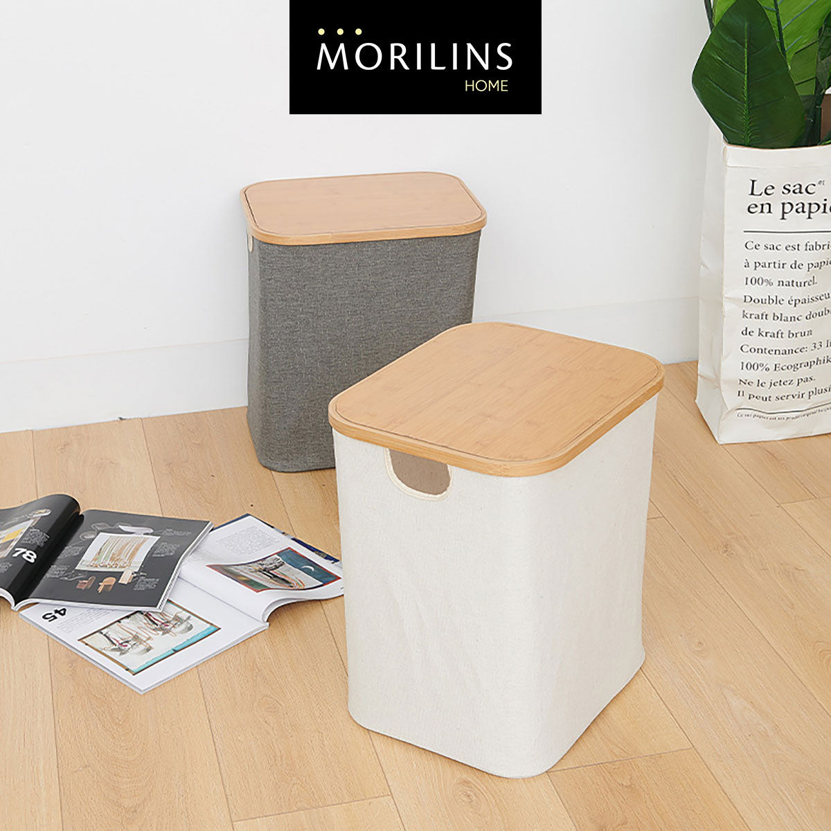 [Morilins Home] Japan-Inspired Multi-Function Tweed Fabric Storage with Real Bamboo Wood Lid - Perfect for Home, Office, & Bathroom Organization