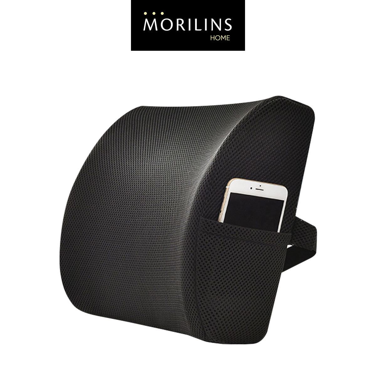 [Morilins Home] Memory Foam Lumbar Comfort Support - Breathable Mesh Pillow for Office Chair, Car Seat, or Sofa Use with Convenient Phone Pocket