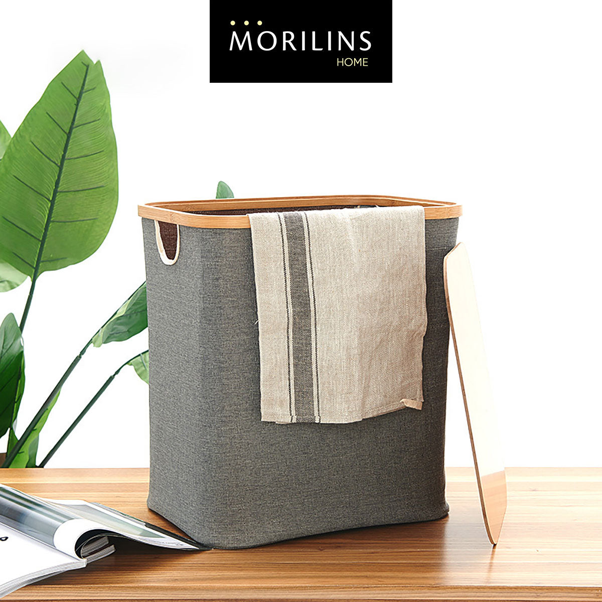 [Morilins Home] Japan-Inspired Multi-Function Tweed Fabric Storage with Real Bamboo Wood Lid - Perfect for Home, Office, & Bathroom Organization
