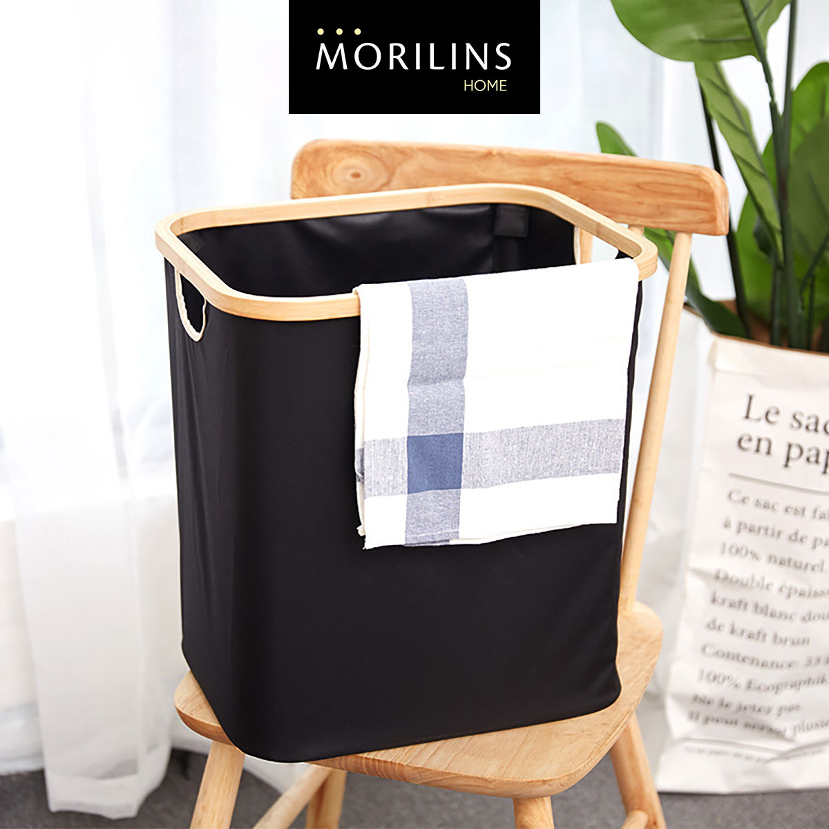 [Morilins Home] Japan-Inspired Multi-Function Tweed Fabric Storage with Real Bamboo Wood Lid - Perfect for Home, Office, & Bathroom Organization