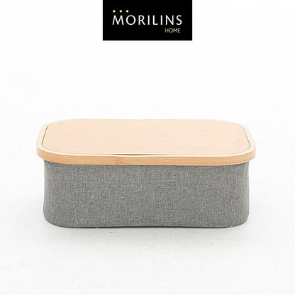 [Morilins Home] Japan-Inspired Multi-Function Tweed Fabric Storage with Real Bamboo Wood Lid - Perfect for Home, Office, & Bathroom Organization
