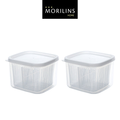 [Morilins Home] Set-of-2 Dual Compartment Cut Produce Fridge Storage - BPA-Free, With Draining Basket, and a great Space-Saver in Chic Minimalist