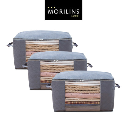 [Morilins Home] Set-of-3 Collapsible Foldable Garment Storage Organizer - Window, Reinforced Handle, and Durable Design for Heavy Loads - Space Grey