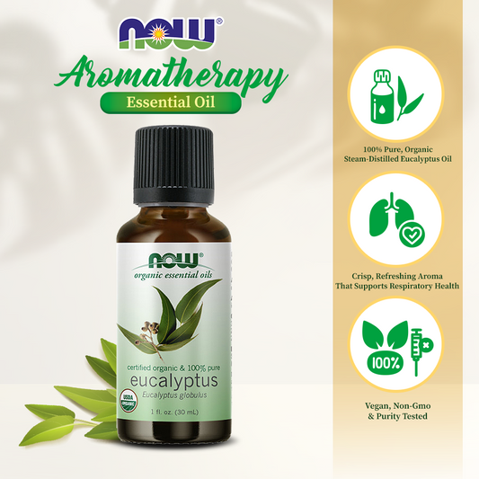 NOW Essential Oils, Organic Eucalyptus Globulus Oil, Clarifying Aromatherapy Scent, Steam Distilled, 100% Pure, Vegan, Child Resistant Cap, 1-Ounce (30ml)