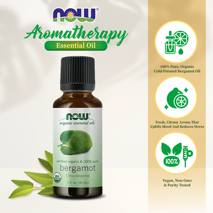 NOW Essential Oils, Organic Bergamot Oil, Sweet Aromatherapy Scent, Cold Pressed, 100% Pure, Vegan, Child Resistant Cap, 1-Ounce (30ml)