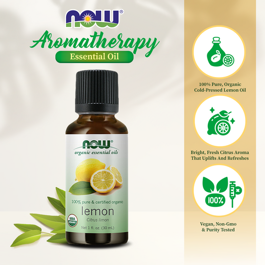 NOW Essential Oils, Organic Lemon Oil, Cheerful Aromatherapy Scent, Cold Pressed, 100% Pure, Vegan, Child Resistant Cap, 1-Ounce (30ml)