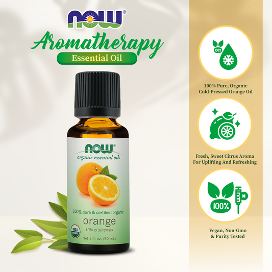 NOW Essential Oils, Organic Orange Oil, Uplifting Aromatherapy Scent, Cold Pressed, 100% Pure, Vegan, Child Resistant Cap, 1-Ounce (30ml)