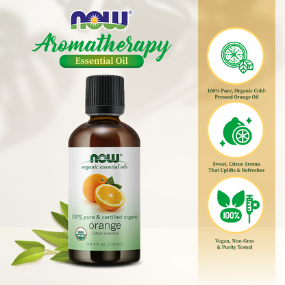 NOW Essential Oils, Organic Orange Oil, Uplifting Aromatherapy Scent, Cold Pressed, 100% Pure, Vegan, Child Resistant Cap, 4-Ounce (118ml)