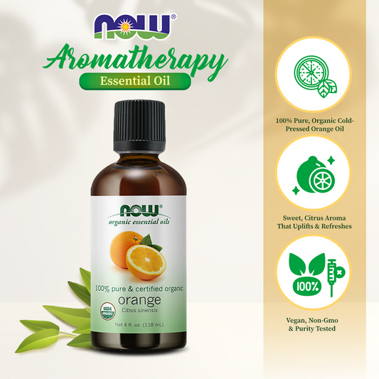NOW Essential Oils, Organic Orange Oil, Uplifting Aromatherapy Scent, Cold Pressed, 100% Pure, Vegan, Child Resistant Cap, 4-Ounce (118ml)
