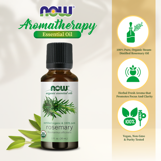NOW Essential Oils, Organic Rosemary Oil, Purifying Aromatherapy Scent, Steam Distilled, 100% Pure, Vegan, Child Resistant Cap, 1-Ounce (30ml)