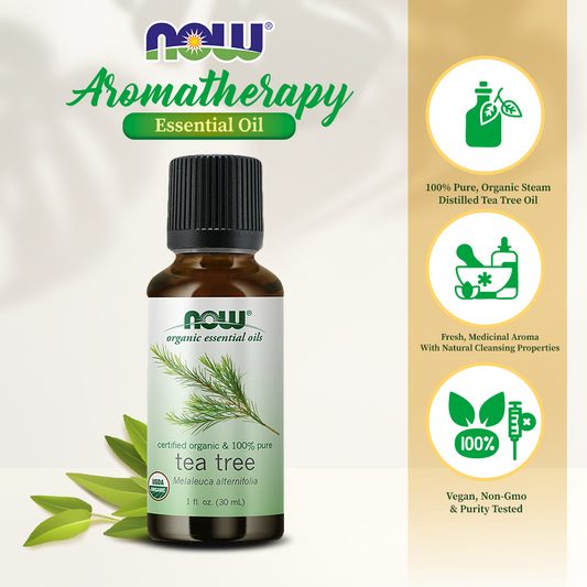 NOW Essential Oils, Organic Tea Tree Oil, Cleansing Aromatherapy Scent, Steam Distilled, 100% Pure, Vegan, Child Resistant Cap, 1-Ounce ( 30 ml)
