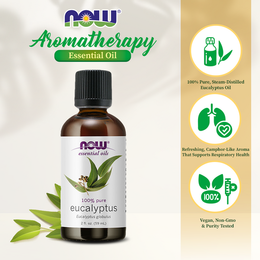 NOW Essential Oils, Eucalyptus Oil, Clarifying Aromatherapy Scent, Steam Distilled, 100% Pure, Vegan, Child Resistant Cap, 2-Ounce (59 ml)