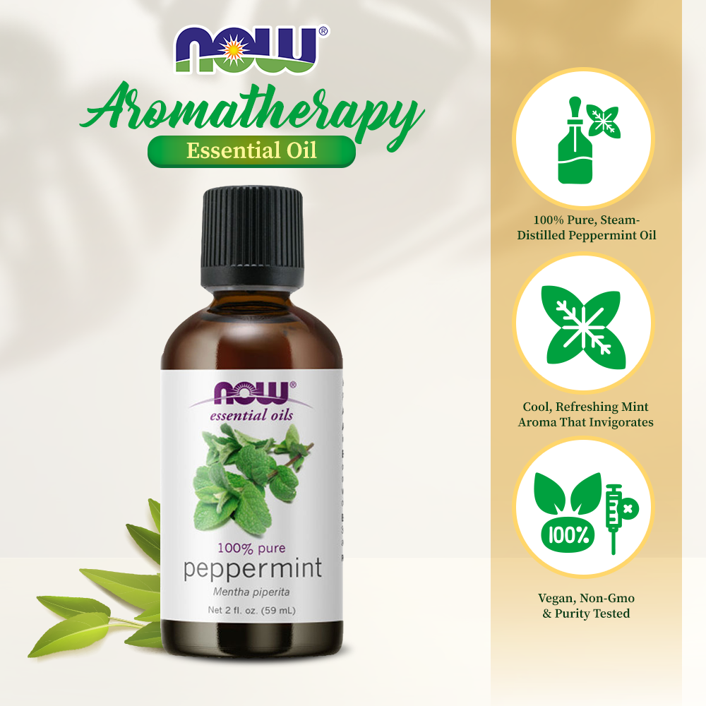 NOW Essential Oils, Peppermint Oil, Invigorating Aromatherapy Scent, Steam Distilled, 100% Pure, Vegan, Child Resistant Cap, 2-Ounce (59ml)