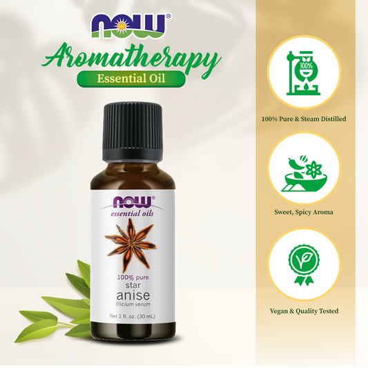 NOW FOODS Essential Oils, Anise Oil, Balancing Aromatherapy Scent, Steam Distilled, 100% Pure, Vegan, Child Resistant Cap, 1-Ounce (30 ml)